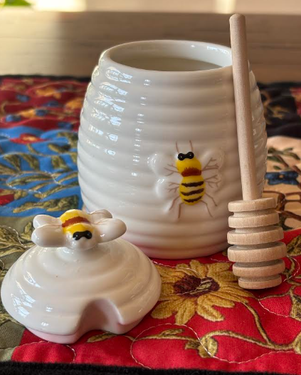Charming Beehive Honey Pot with Wooden Dipper, Porcelain