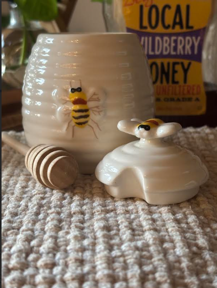 Charming Beehive Honey Pot with Wooden Dipper, Porcelain