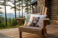 Magnolia Stripe and Bear with Daisies & Bees pillow bundle styled on a Blue Ridge mountain cabin deck
