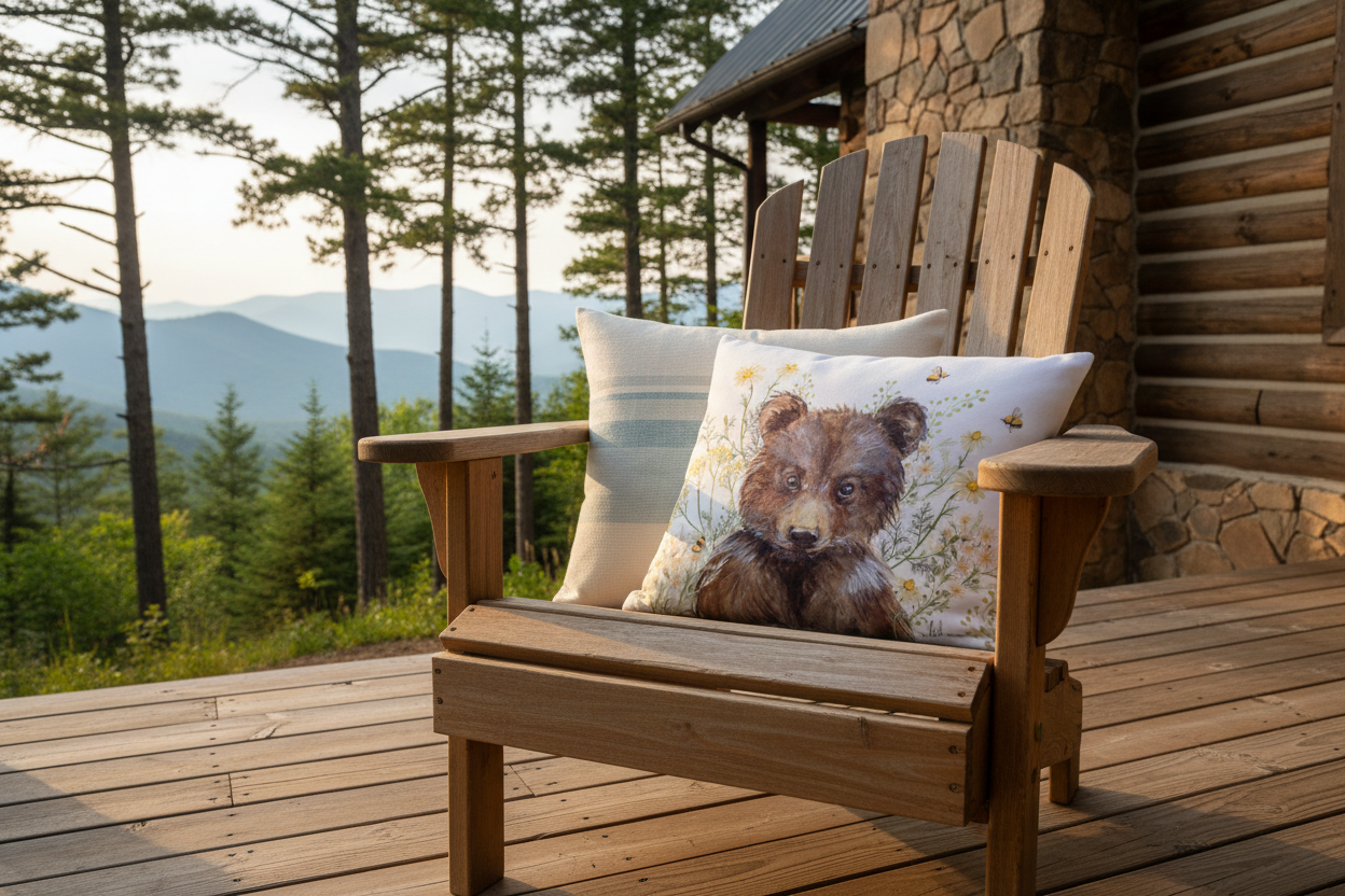 Magnolia Stripe and Bear with Daisies & Bees pillow bundle styled on a Blue Ridge mountain cabin deck