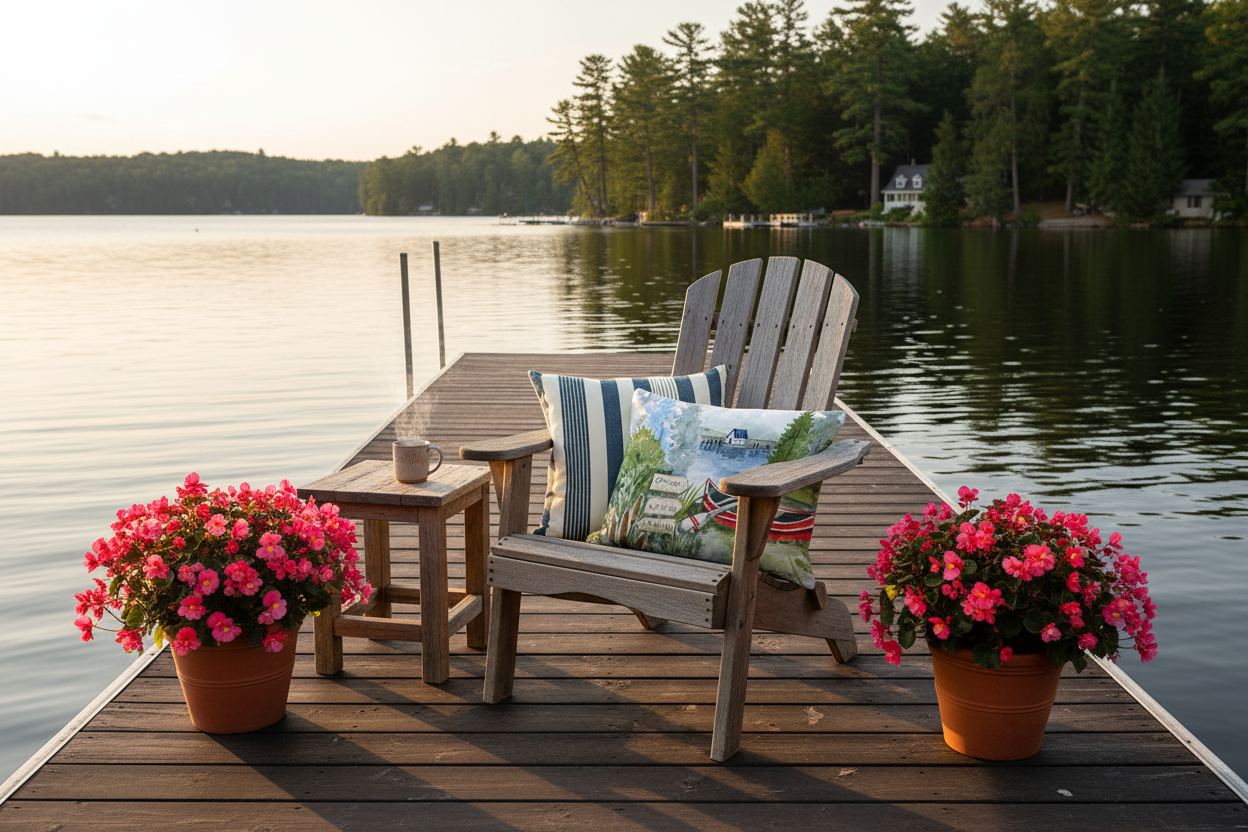 Marina Stripe and Lake Canoe pillow bundle styled on a lakeside dock at golden hour