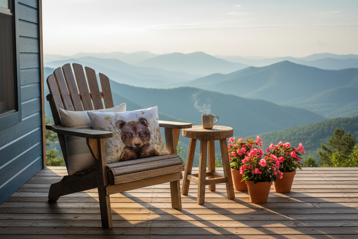 Magnolia Stripe and Bear with Daisies & Bees pillow bundle on Blue Ridge cabin deck with side table and potted begonias