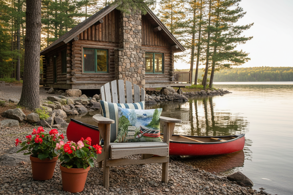 Marina Stripe and Lake Canoe pillow bundle on the shore in front of a cozy log cabin on the water