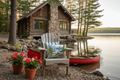 Marina Stripe and Lake Canoe pillow bundle on the shore in front of a cozy log cabin on the water