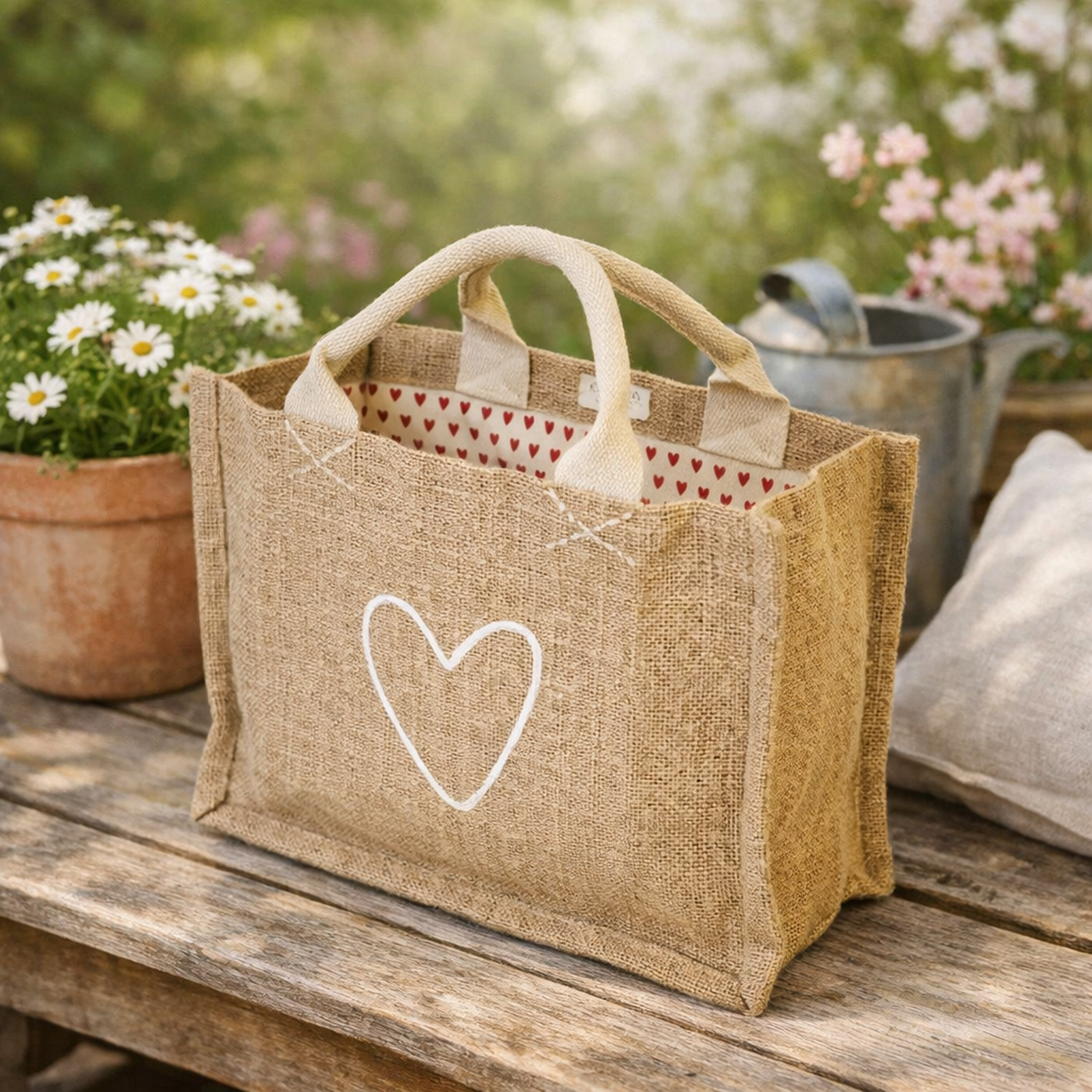 Heart Lined Jute Garden Tote, Handmade Market & Flower Bag