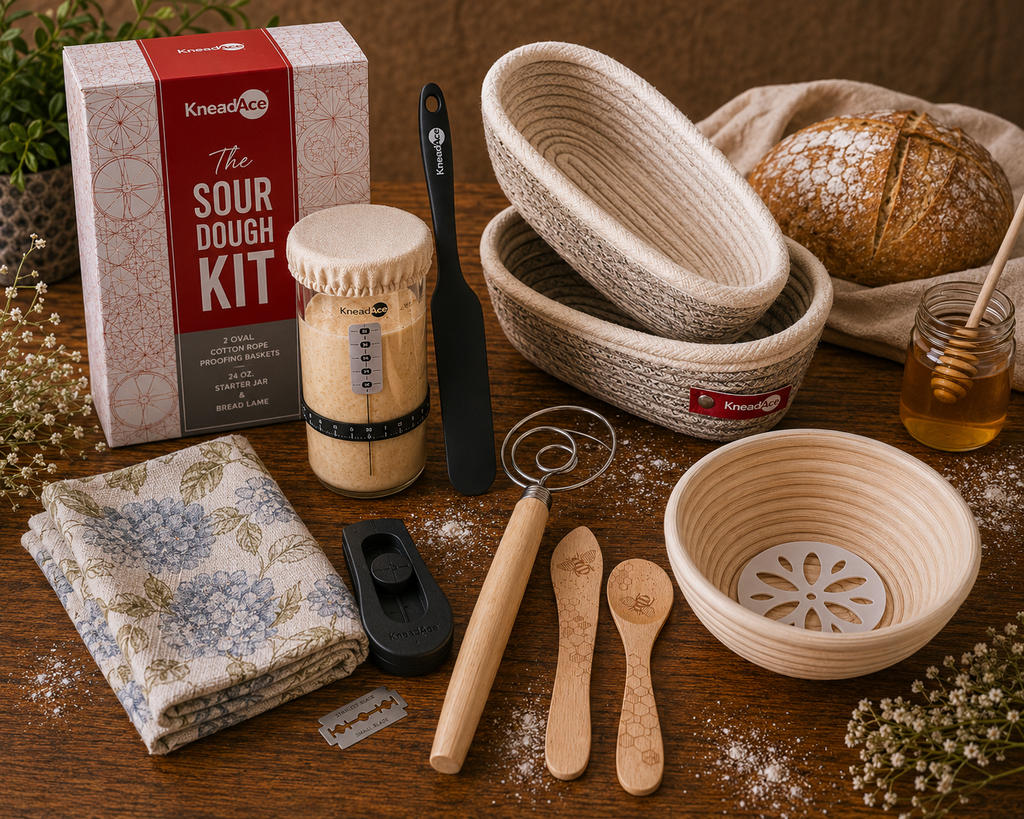 "Sourdough Baker's Bundle flat lay on dark wood surface featuring KneadAce Sourdough Kit box, glass starter jar, oval banneton proofing baskets with fresh sourdough loaf, Danish dough whisk, round proofing basket with embosser, beechwood honey bee jam spoon and spreader set, hydrangea print cotton kitchen towel, and honey jar with dipper"
