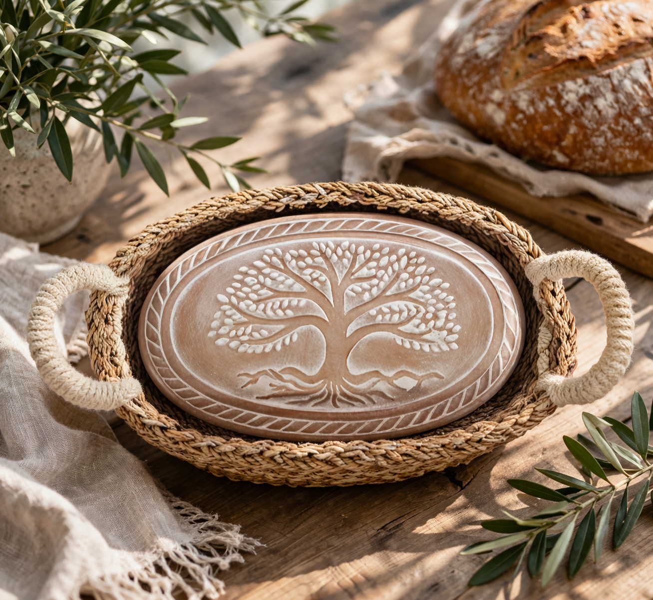 Tree of Life Oval Bread Warmer Set, Handcrafted Terracotta & Seagrass Basket