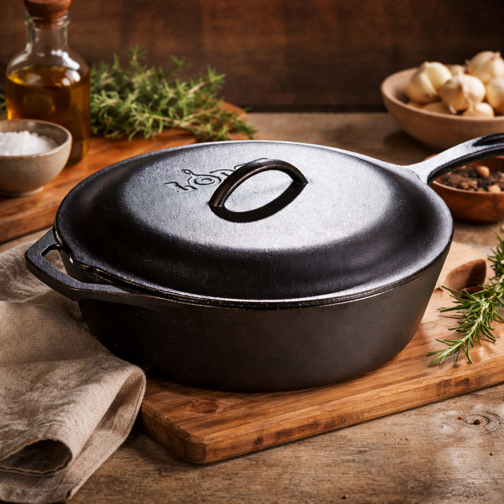 Lodge Cast Iron Deep Skillet with Lid – 5 Qt, Made in the USA