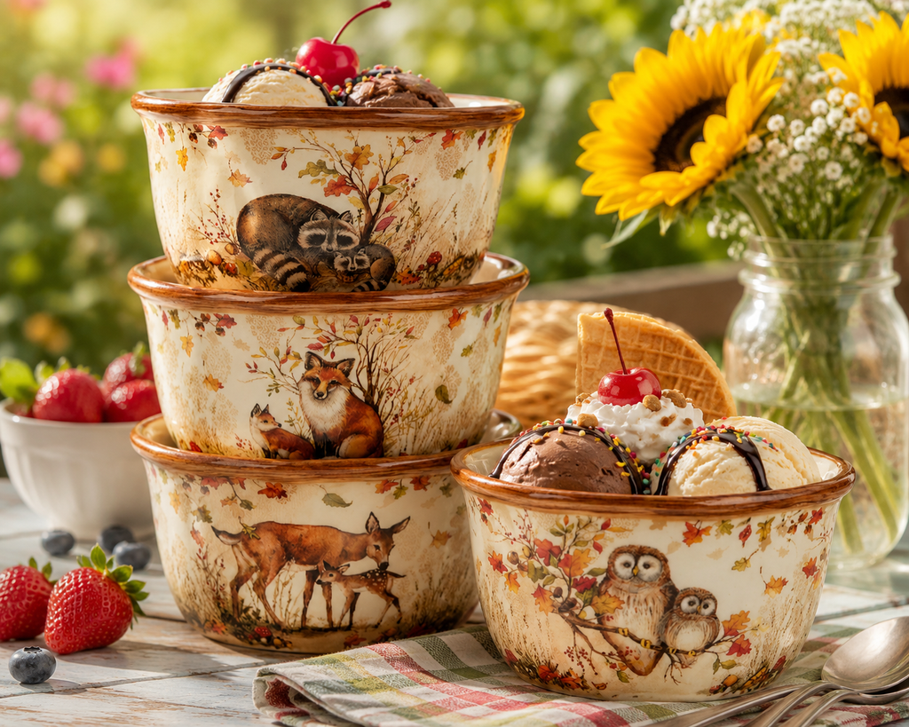 Set of 4 Maple Grove earthenware ice cream bowls styled with ice cream sundaes topped with cherries and sprinkles on a striped picnic blanket with sunflowers and fresh berries, showing raccoon, fox, deer, and owl woodland designs