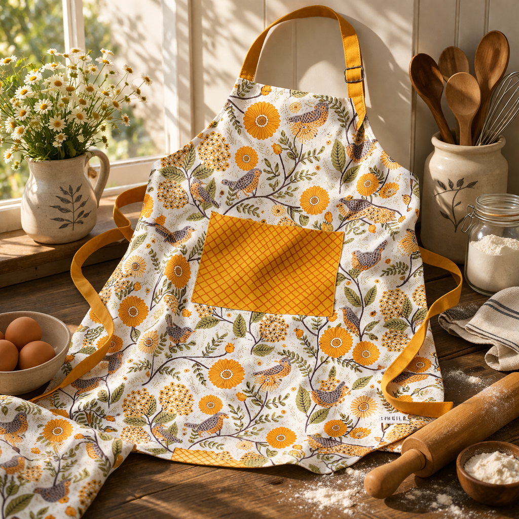 Gingiber Mums & Robins Apron | Artisan-Illustrated Cotton Kitchen Wear