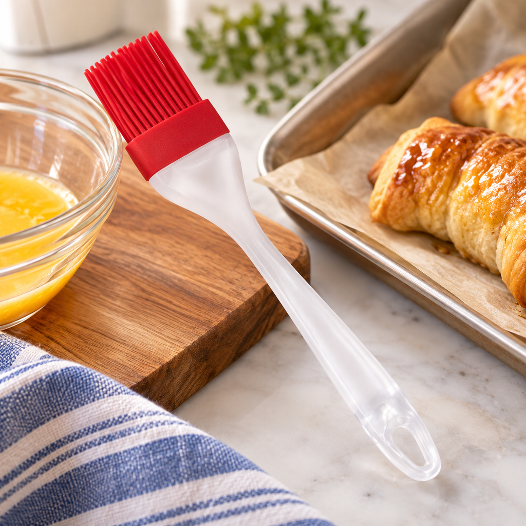 Mrs. Anderson's 8-inch red silicone pastry brush resting on a wood cutting board beside a glass bowl of egg wash and a baking sheet of freshly glazed croissants on parchment paper.