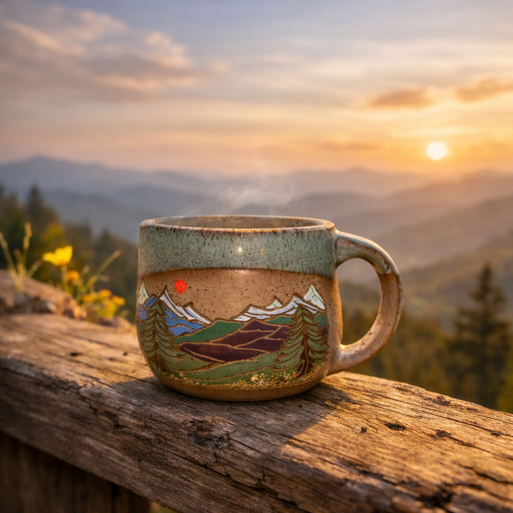 Forest Jeannie Pottery Artisan Mountain Stoneware Mug · 16 oz | Choose Your Design