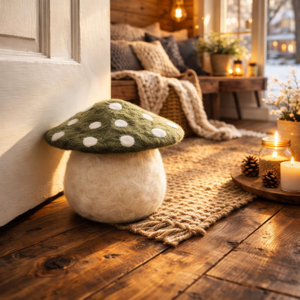 Artisan Wool Felted Mushroom Doorstop, "ARRIVING IN APRIL"