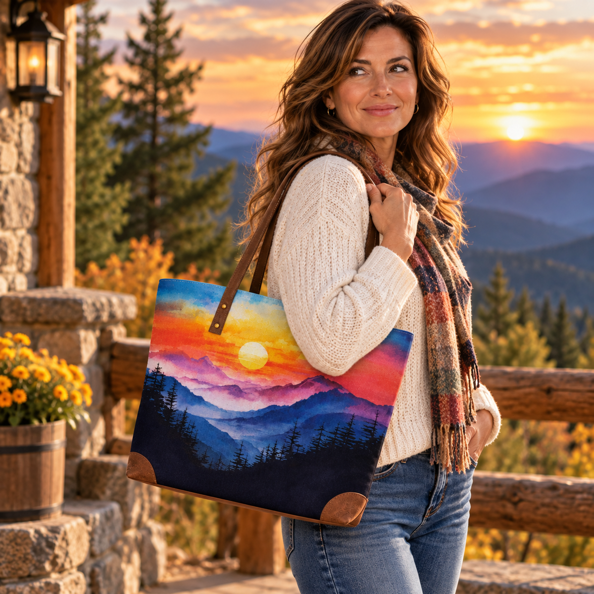 National park sunset mountain landscape canvas tote bag with leather-look straps and corner reinforcements, styled on a rustic wood table with a coffee mug and open book against a colorful misty mountain sunrise backdrop"