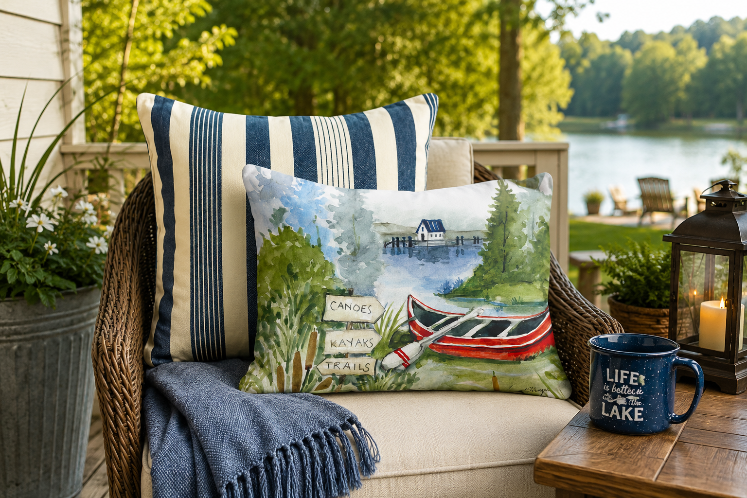 A styled outdoor patio scene with a wicker armchair holding two decorative pillows and a blue throw blanket. One pillow has navy and cream vertical stripes, and the other features a colorful lakeside painting with a red canoe and signpost.