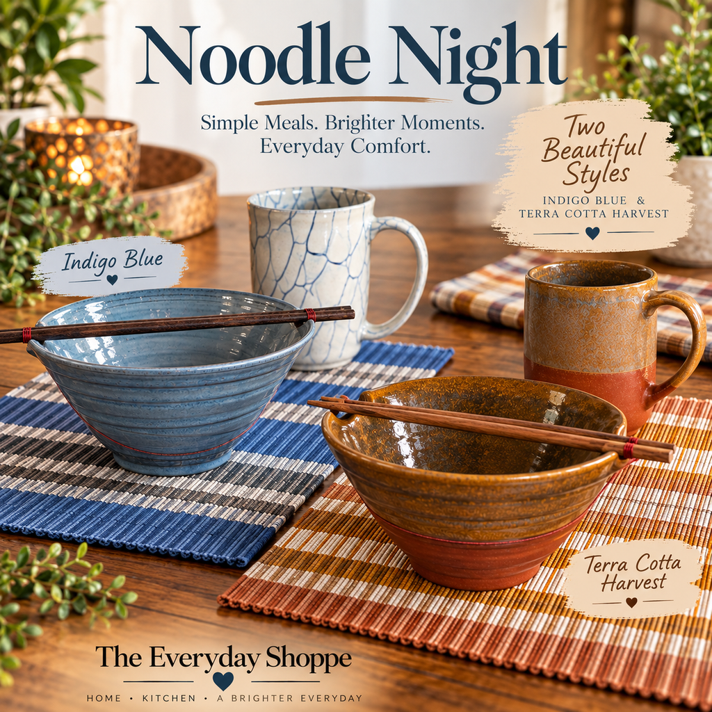 Ramen Night In Collection — Indigo Blue and Terra Cotta Harvest handcrafted stoneware bowls with chopsticks and mugs styled on woven placemats for a cozy noodle night — Ten Thousand Villages fair trade artisan pieces — The Everyday Shoppe