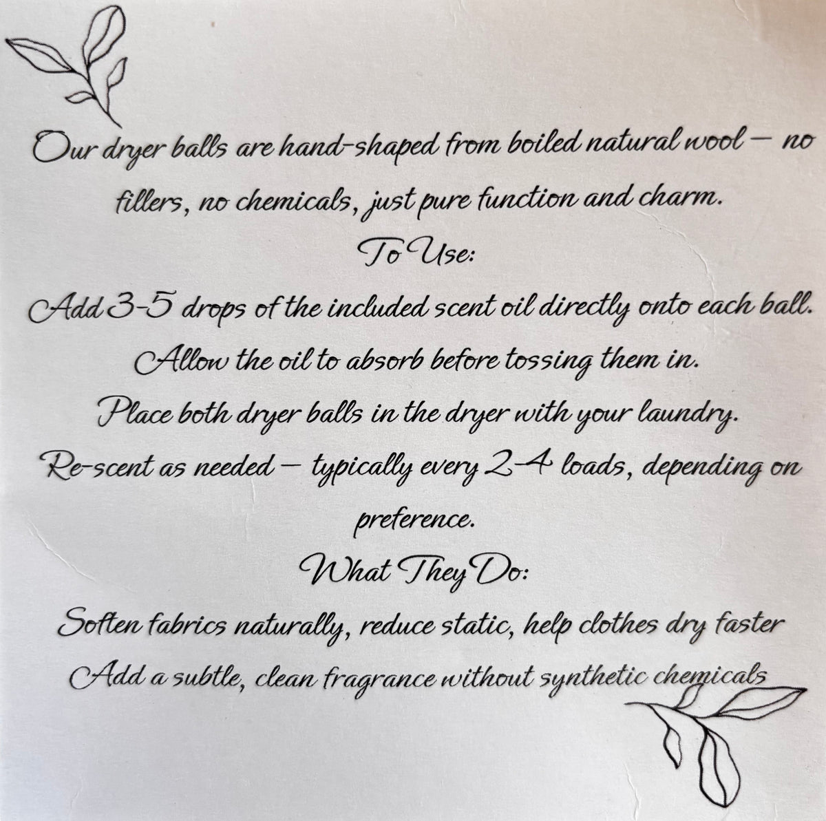 Manufacturer’s instruction card showing how to apply scent oil to the wool dryer balls and use them in the dryer.