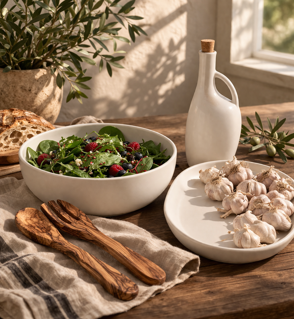 GHARYAN Handmade Stoneware Serving Platter, Bowl & Olive Wood Utensil Set