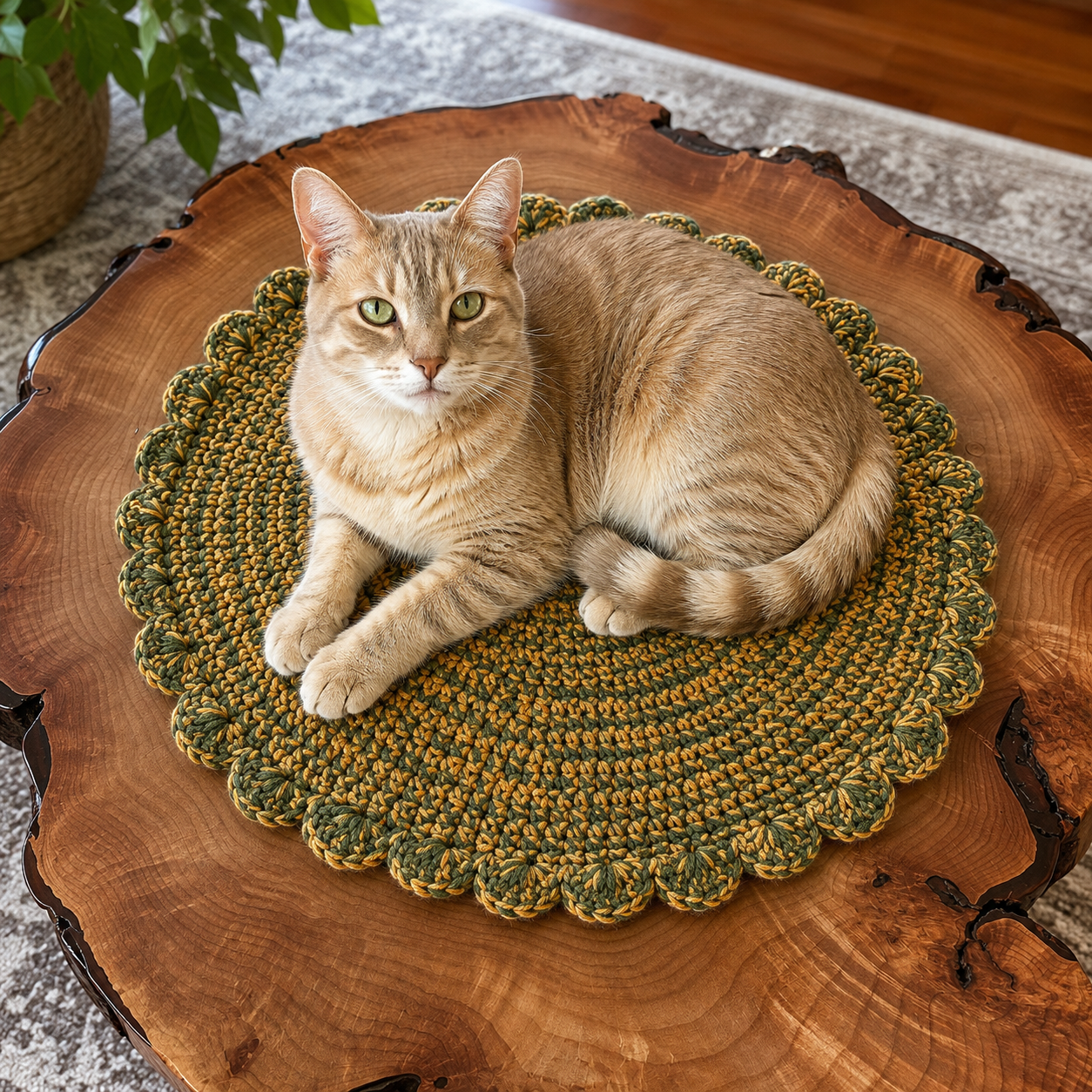 A ginger cat lies on a round crocheted pet mat in olive green and mustard yellow, placed on a large rustic wood slice tray in a home setting.