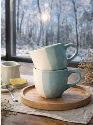 Pheeka Handcrafted Striped Stoneware Teacups, Set of 2