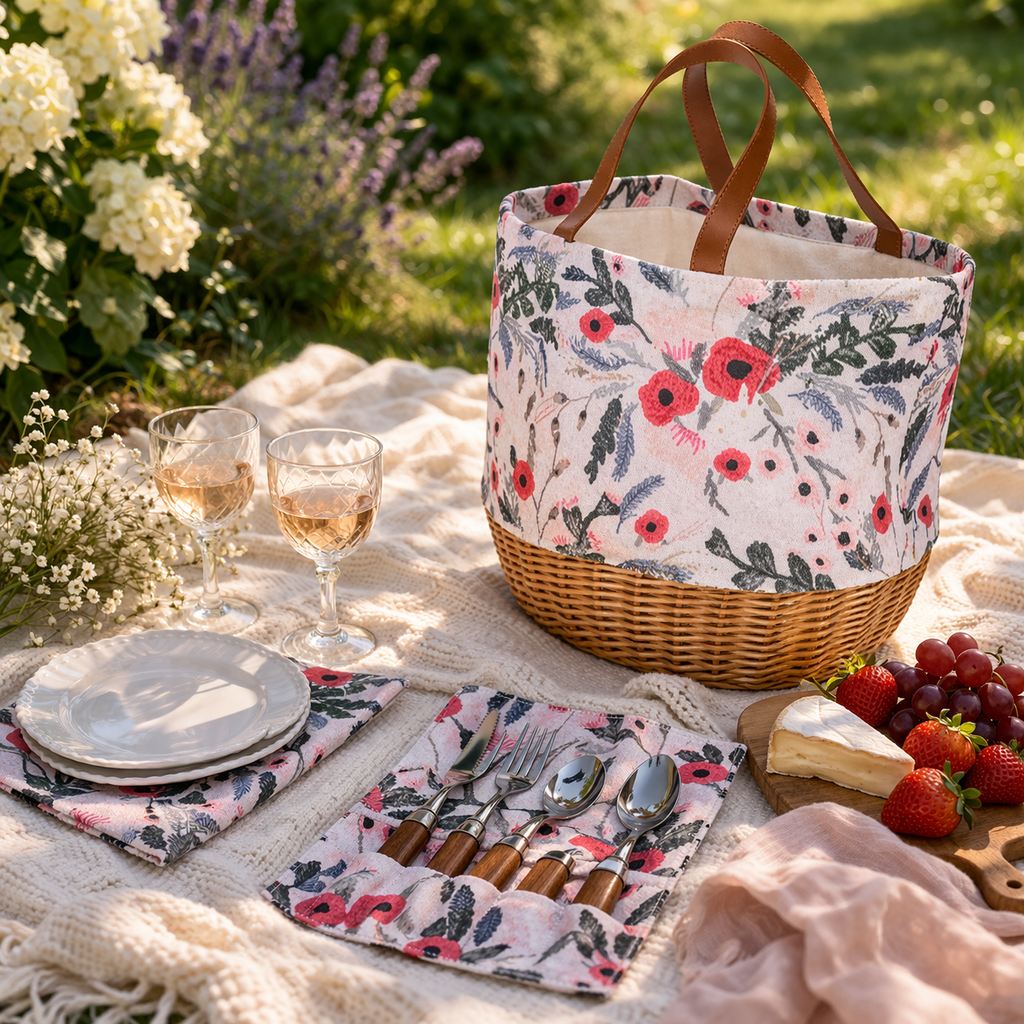 Picnic Time Promenade Picnic Tote for Two | Woven Willow Basket with Wine Glasses & Tableware