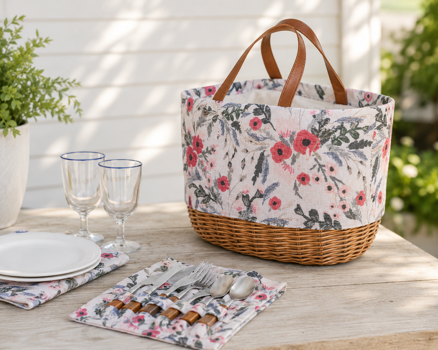 A floral picnic basket with a wicker base and brown leather handles sits on a wooden table outdoors, styled with plates, wine glasses, cutlery, and a potted plant.