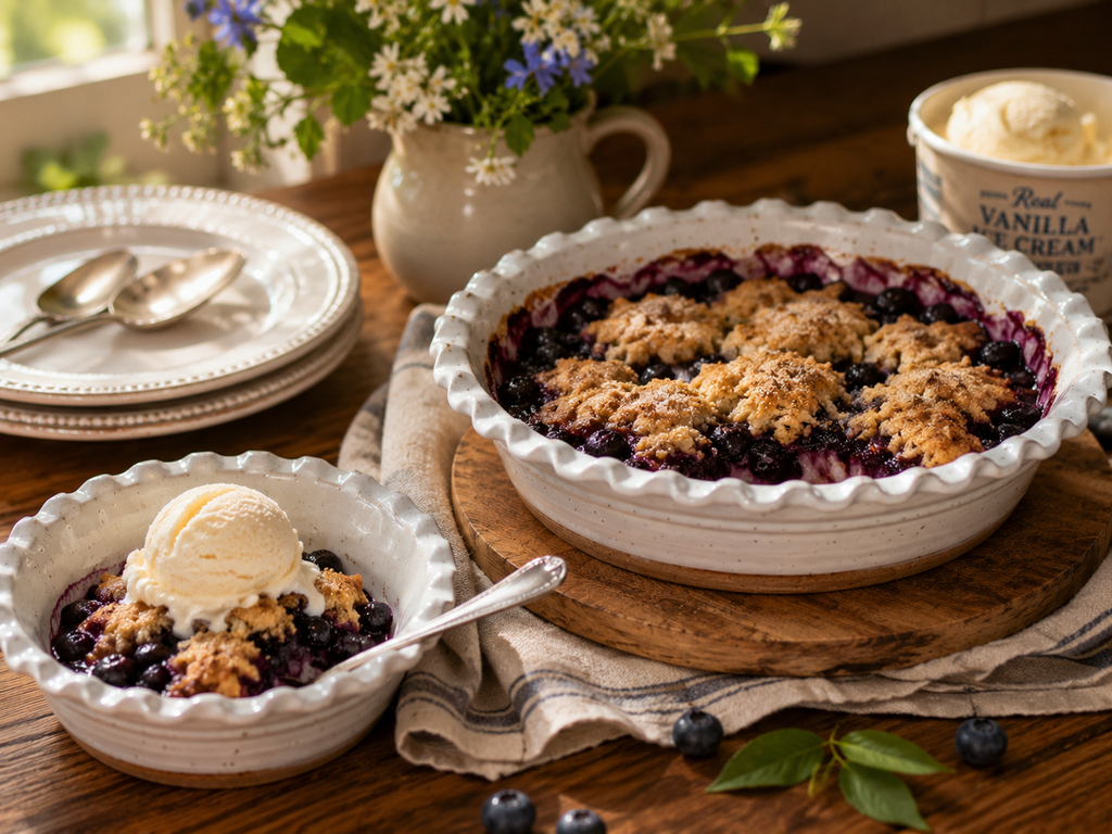 Hand-thrown stoneware deep dish pie plate with ruffled edge holding a dessert, styled on a rustic surface
