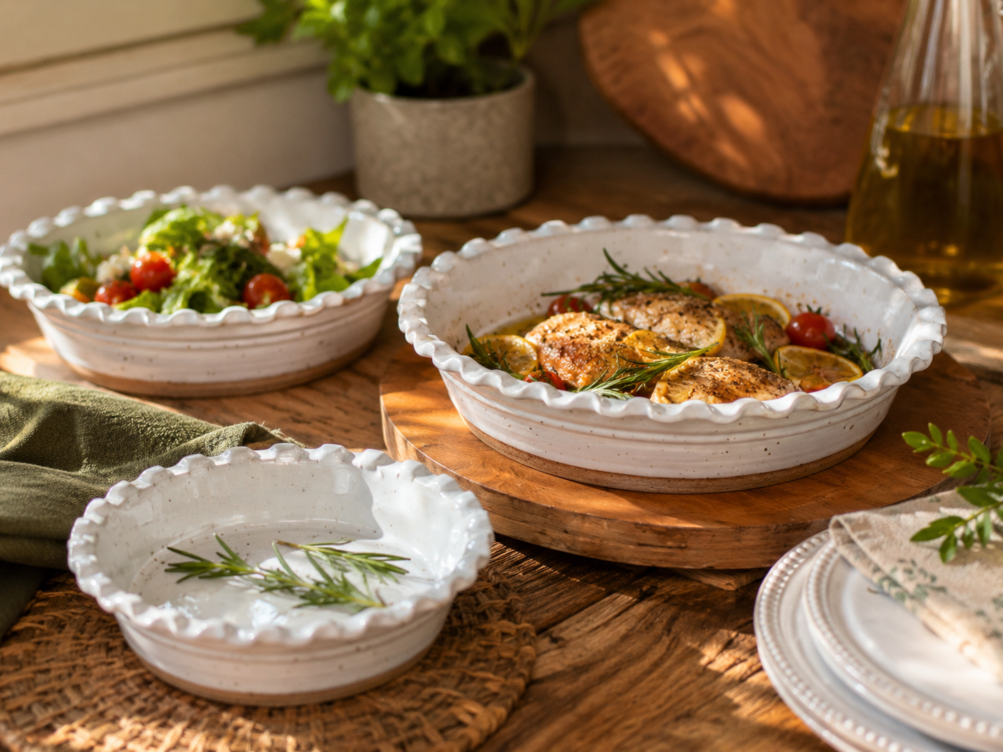 White speckled stoneware deep dish pie plate with ruffled scalloped edge styled as part of a dinner table setting