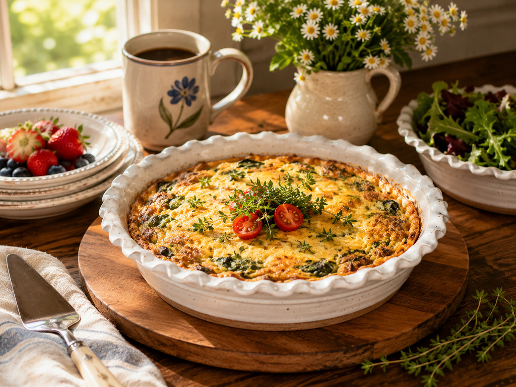 Hand-thrown white speckled stoneware deep dish pie plate with ruffled edge holding a golden quiche, styled for serving