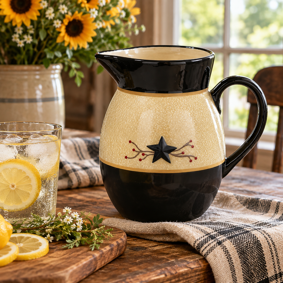 Park Designs Star Vine hand-painted dolomite pitcher in black and cream with primitive star and berry vine motif, styled on a farmhouse wood table with lemonade, fresh lemons, and sunflowers"