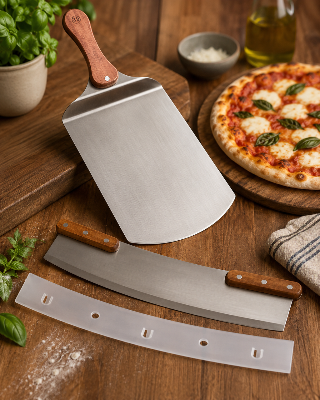Metal pizza peel and knives on a wooden table with a pizza and herbs in the background