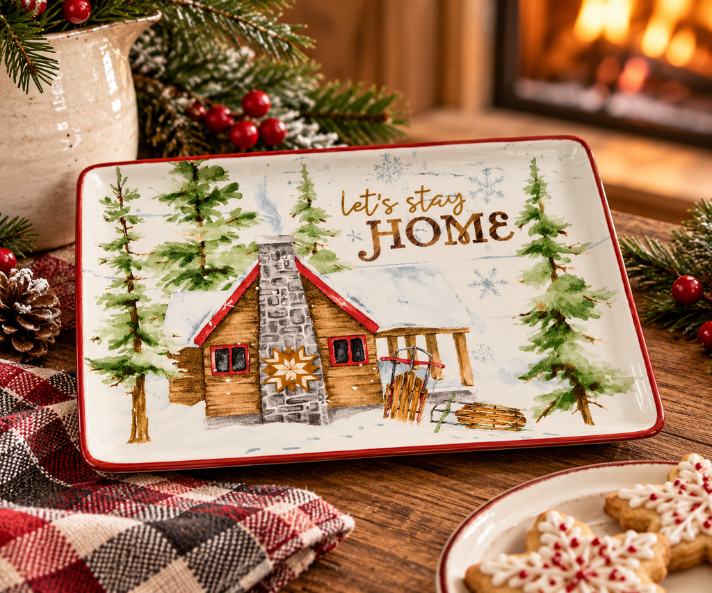 Park Designs Snowflake Lodge 'Let's Stay Home' rectangular ceramic platter with winter cabin, snow-covered pine trees, and red trim, styled by a fireplace with holiday greenery, pinecones, and snowflake cookies"