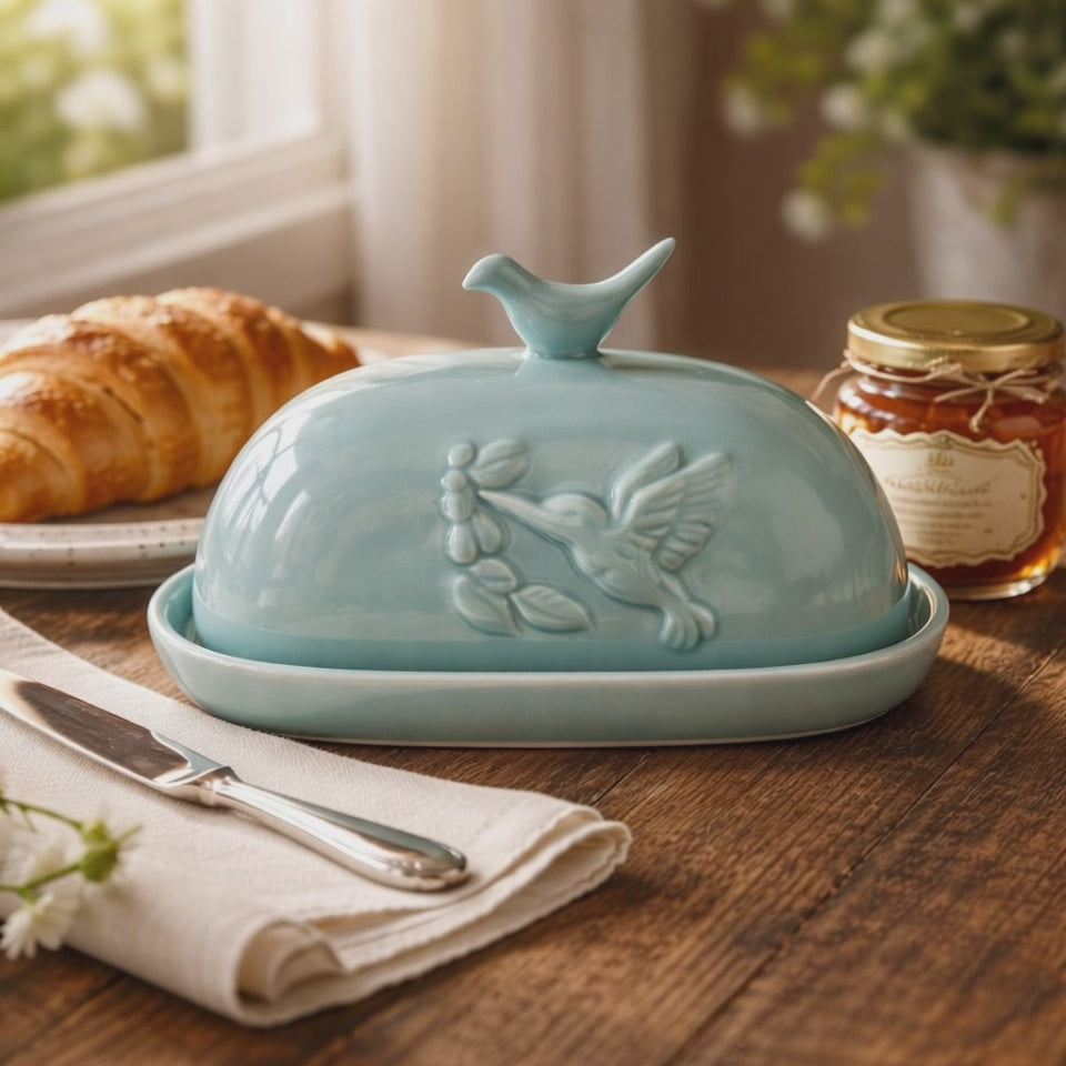 Teal Porcelain Butter Dish with Hummingbird Detail