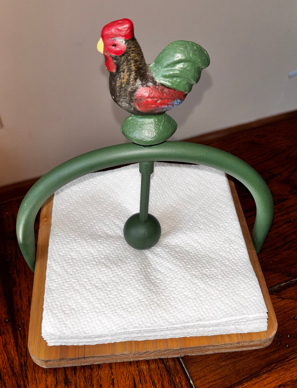 Hand-Painted Iron Rooster Napkin Holder with Wood Base, Farmhouse Kitchen Decor
