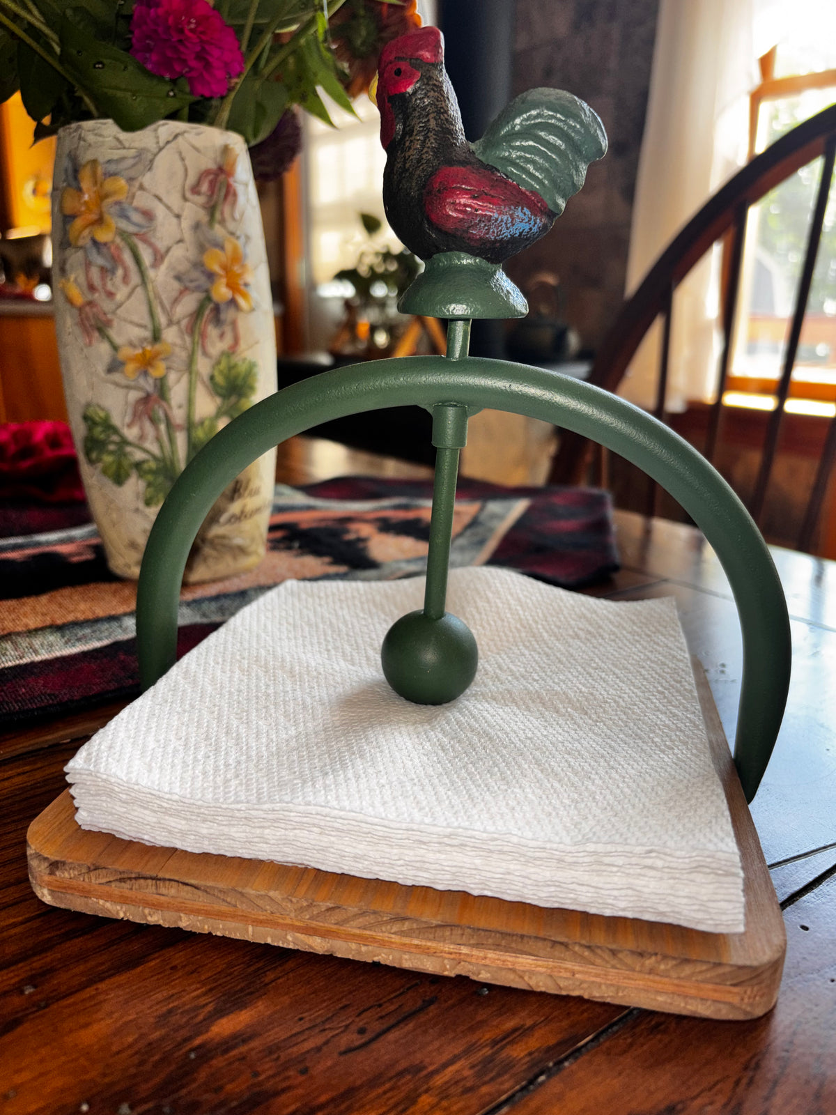 Hand-Painted Iron Rooster Napkin Holder with Wood Base, Farmhouse Kitchen Decor