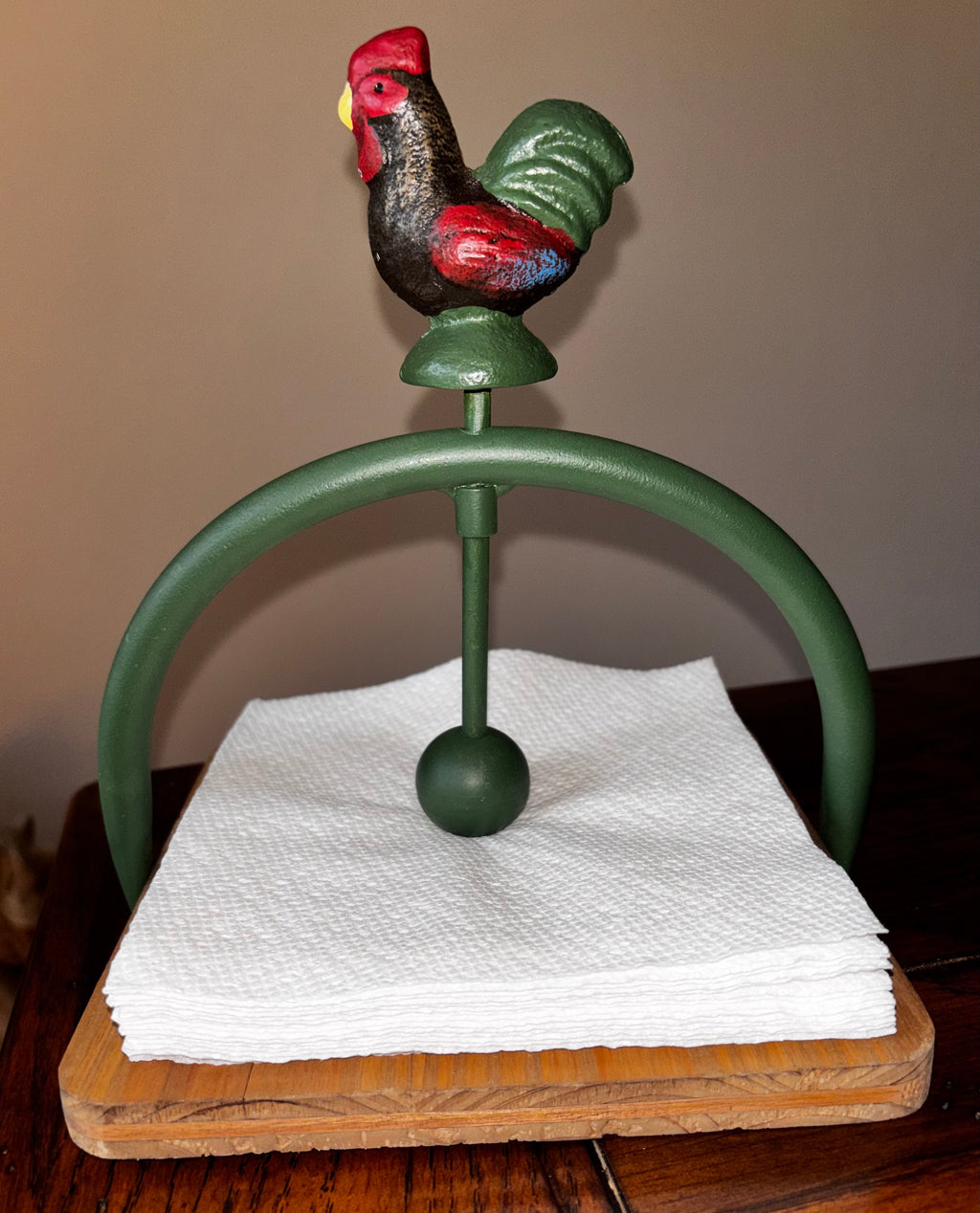Hand-Painted Iron Rooster Napkin Holder with Wood Base, Farmhouse Kitchen Decor
