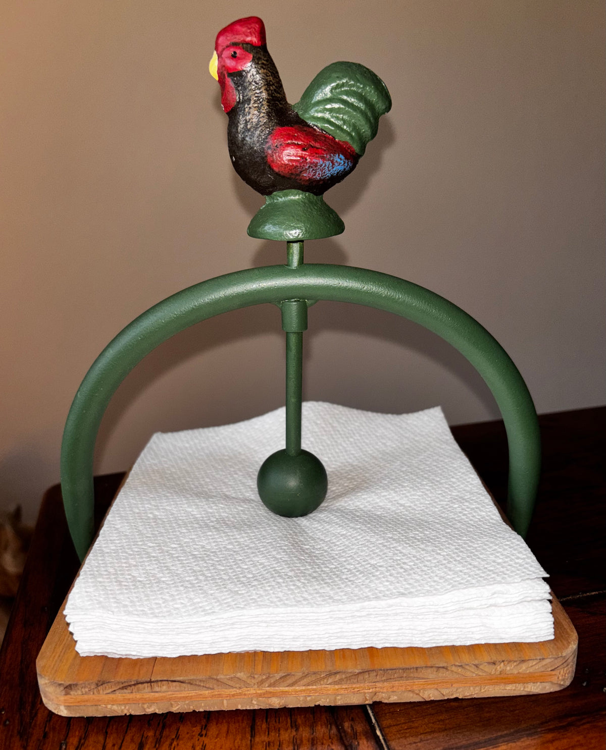 Hand-Painted Iron Rooster Napkin Holder with Wood Base, Farmhouse Kitchen Decor