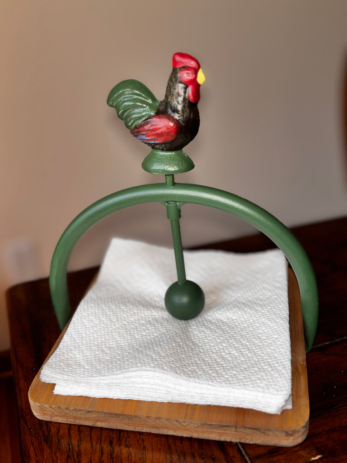 Hand-Painted Iron Rooster Napkin Holder with Wood Base, Farmhouse Kitchen Decor