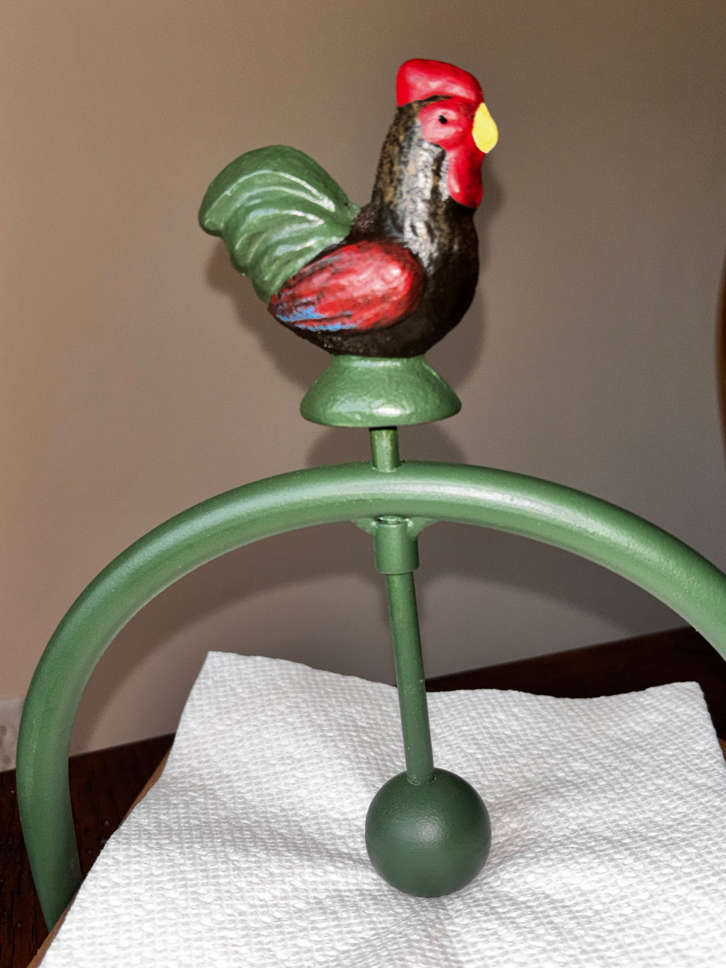 Hand-Painted Iron Rooster Napkin Holder with Wood Base, Farmhouse Kitchen Decor