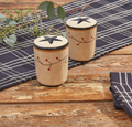 Park Designs Star Vine hand-painted salt and pepper shaker set styled on a farmhouse wood table with plaid table runner and eucalyptus"