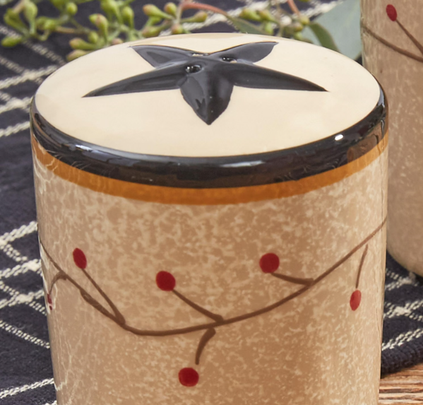 Close-up of Park Designs Star Vine dolomite shaker showing hand-painted berry vine detail and black star lid"