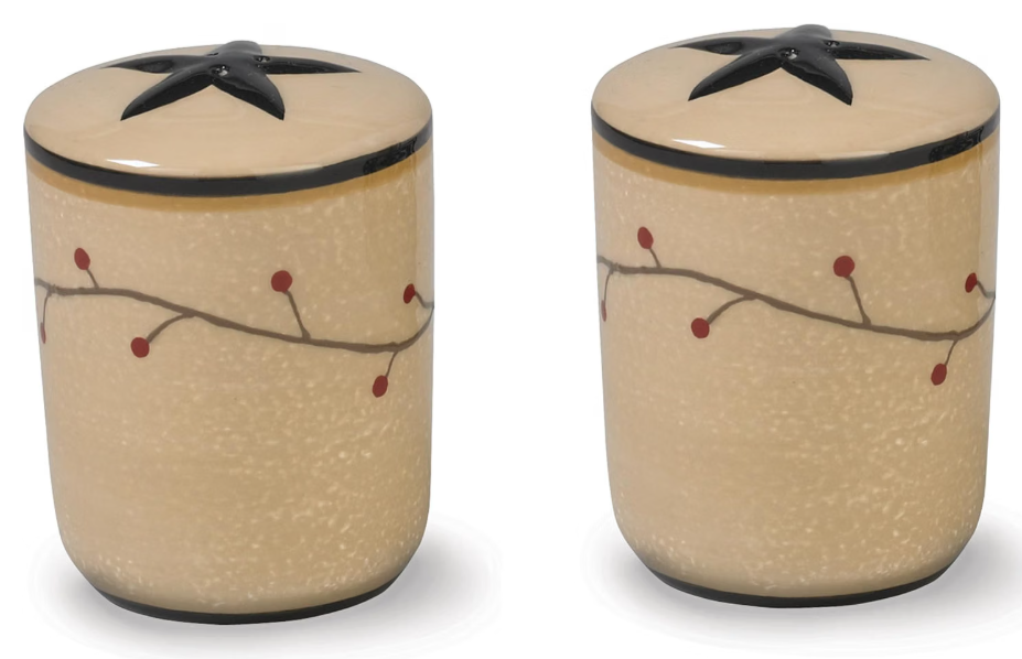 Park Designs Star Vine hand-painted dolomite salt and pepper shaker set with black star lids and berry vine design, product view"