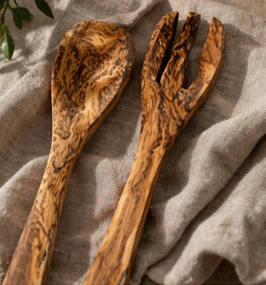GHARYAN Handmade Stoneware Serving Platter, Bowl & Olive Wood Utensil Set