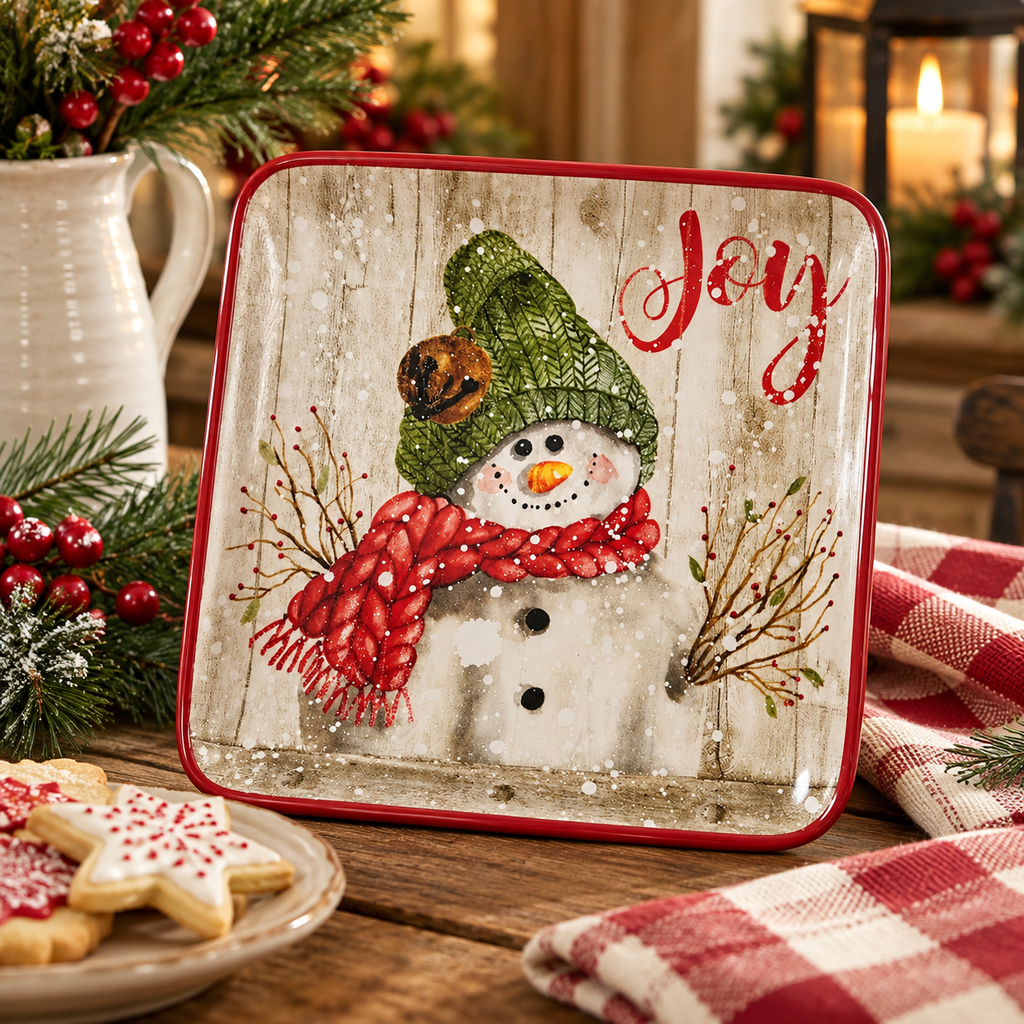 Park Designs Farmhouse Snowman holiday salad plate with 'Joy' sentiment, green knit hat, red scarf, and berry branches on a rustic wood background, styled with Christmas greenery and snowflake sugar cookies"