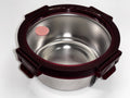 Round Genicook stainless steel food container with a clear glass lid, burgundy locking clips, and a pink valve.