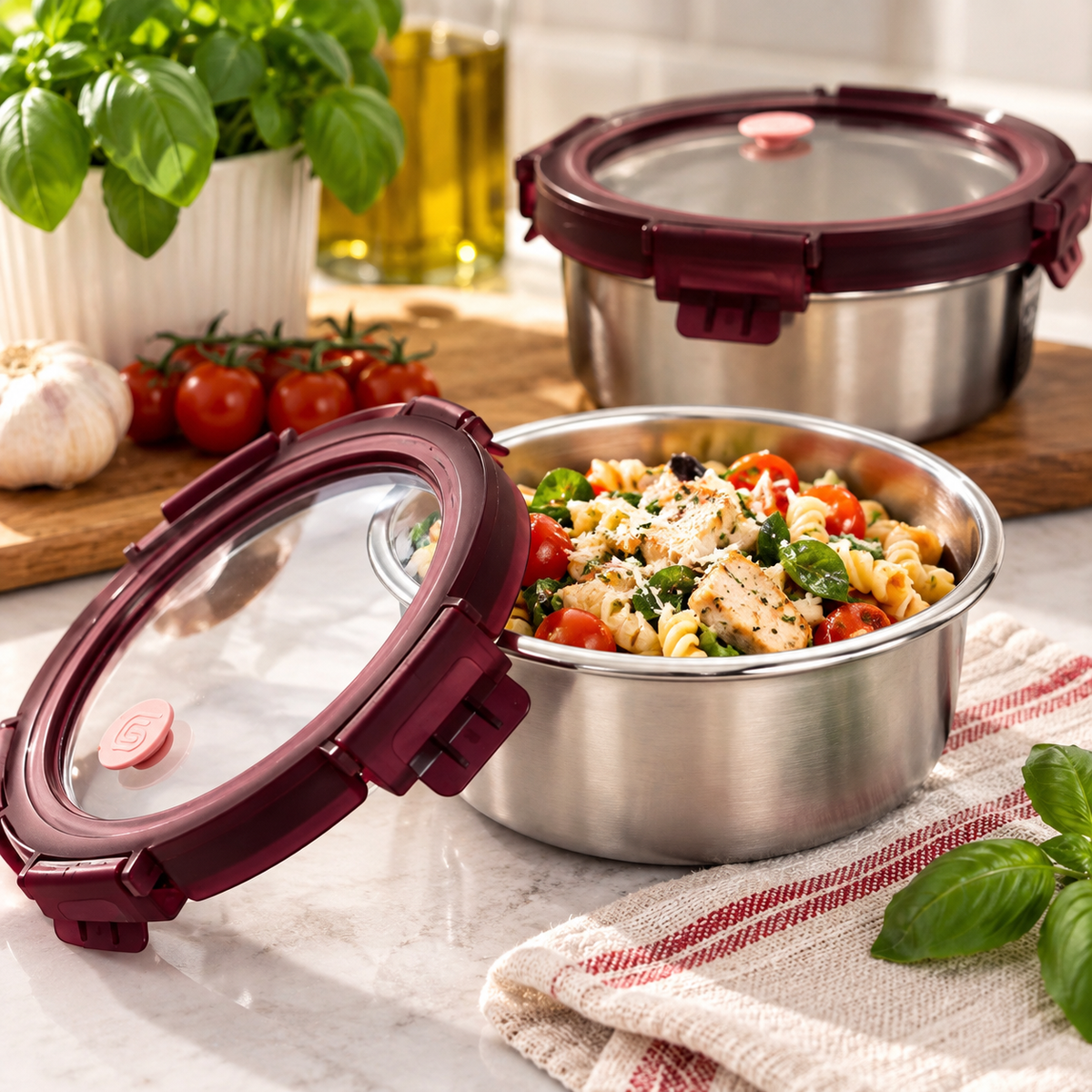 Stainless steel container filled with pasta, chicken, tomatoes, and greens, with its glass lid leaning beside it.