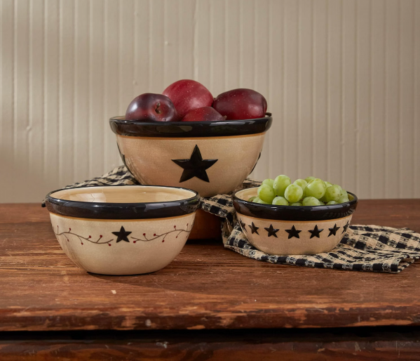 Park Designs Star Vine mixing bowls set of 3 styled on a farmhouse wood table with plums, grapes, and gingham napkin"