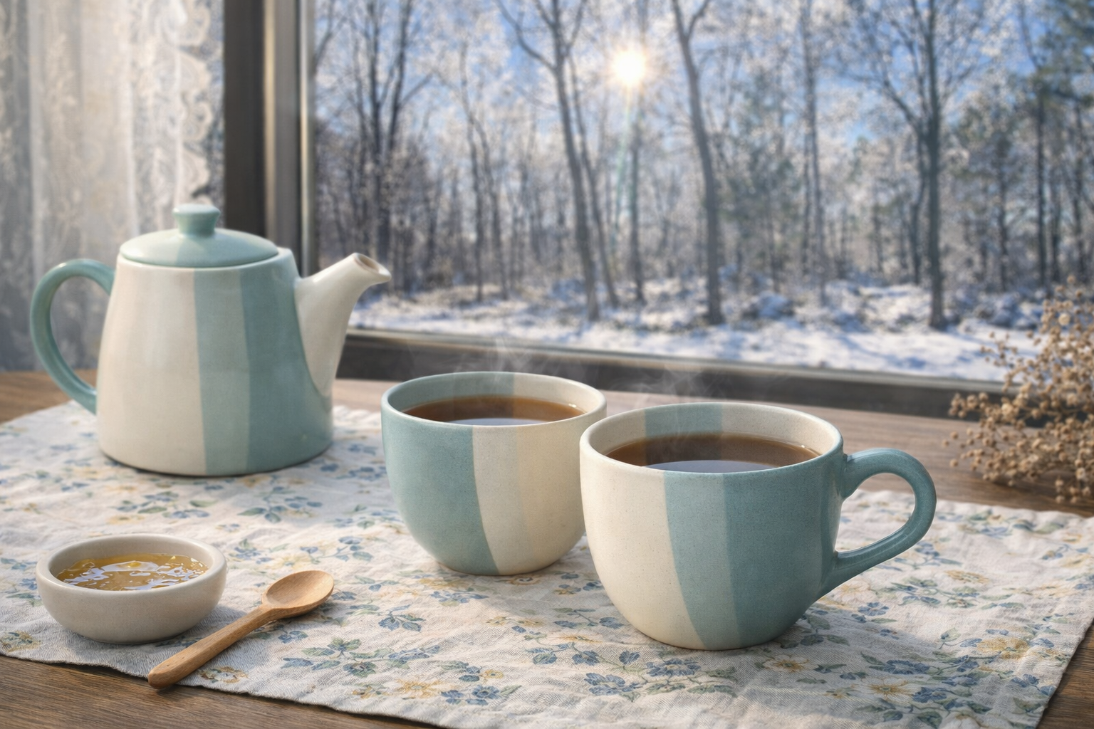 Pheeka Handcrafted Striped Stoneware Teacups, Set of 2