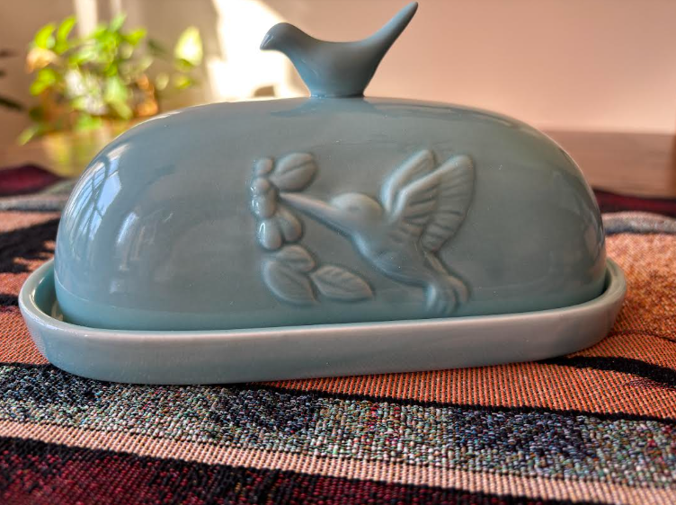 Teal Porcelain Butter Dish with Hummingbird Detail