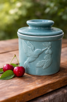 Hummingbird Butter Crock — Teal Porcelain
